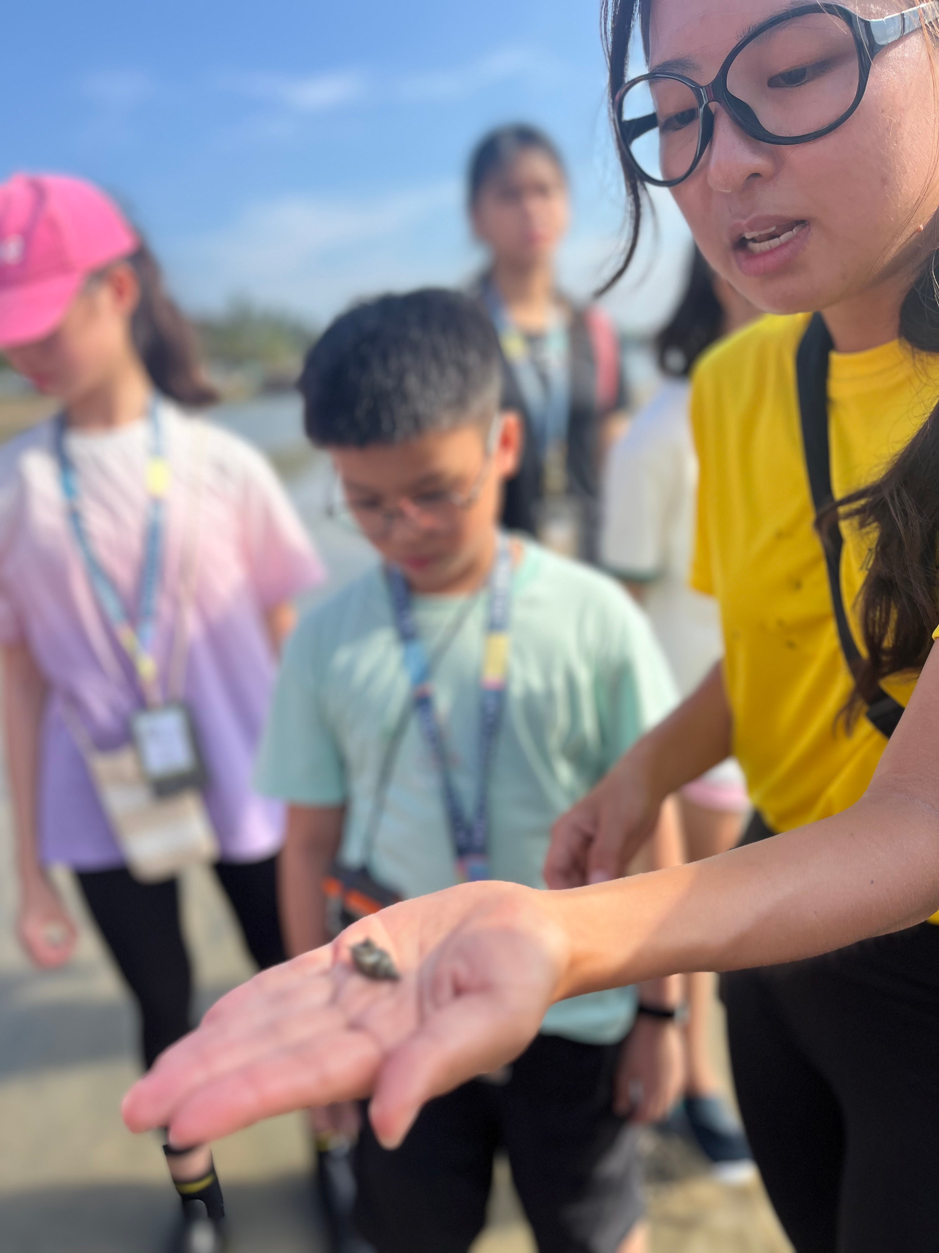 Biogirl MJ teaching students of The Learning Lab about marine creatures during Science Learning Journey at Singapore Changi Beach